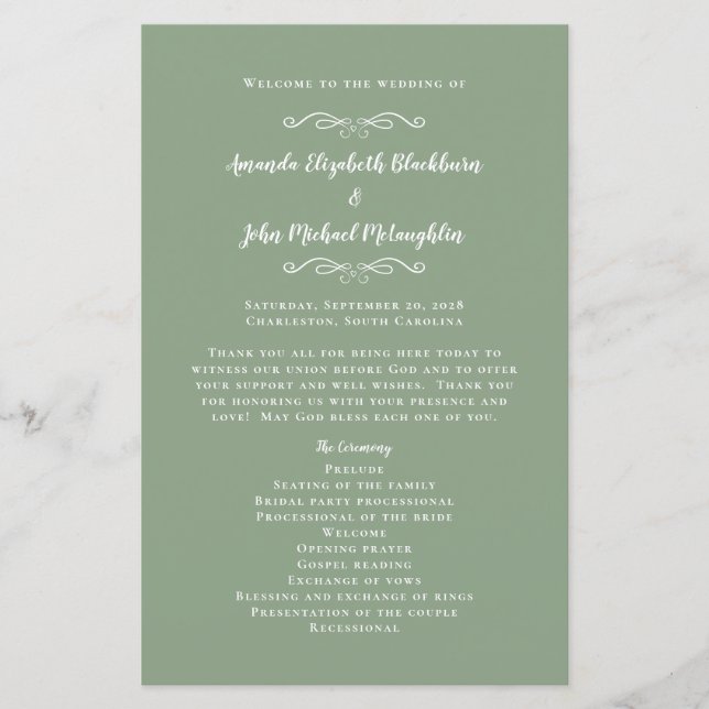 Elegant Wedding Sage Green Chic Ceremony Program  (Front)