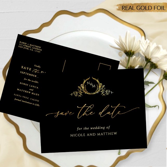Elegant Wedding Save The Date Black and Real Gold Foil Invitation Postcard (Creator Uploaded)