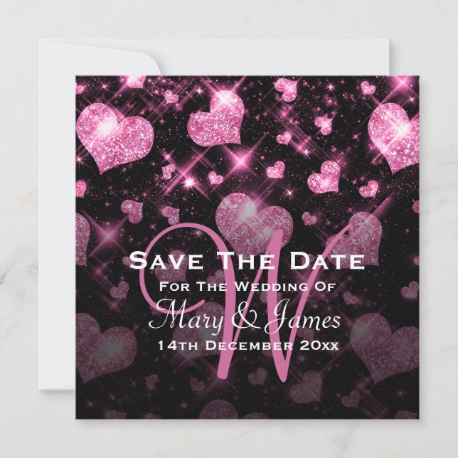 Elegant Wedding Save The Date Glitter Heart Pink (Front)
