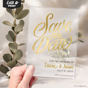 Elegant Wedding Save the Date Gold Text Frosted  Acrylic Invitations