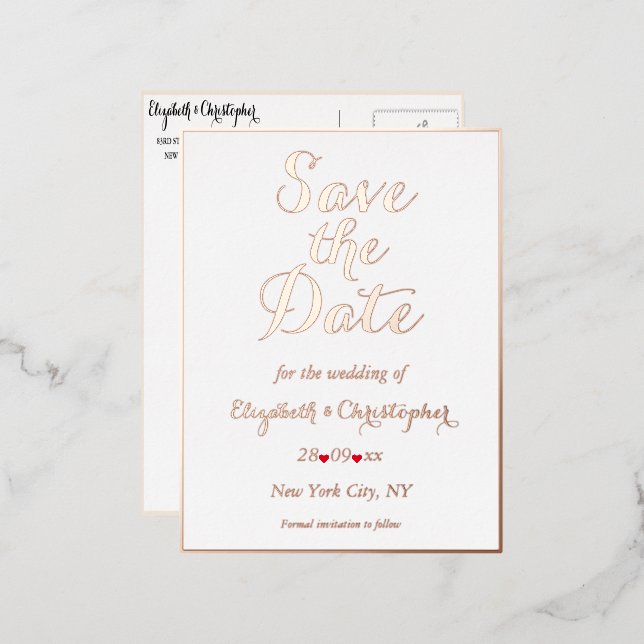 Elegant Wedding Save the Date White Rose Gold Foil Invitation Postcard (Front/Back)