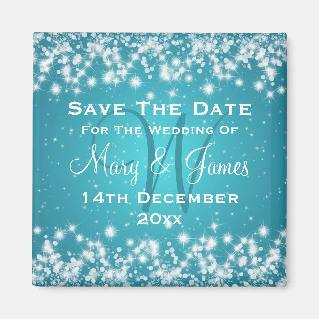Elegant Wedding Save The Date Winter Sparkle Blue Magnet (Front)
