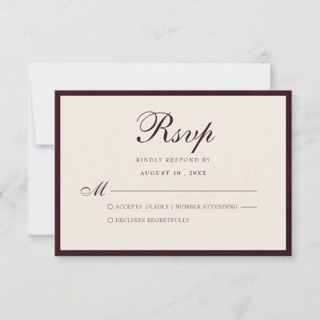 Elegant Wedding Script Deep Burgundy Moody RSVP Card (Front)