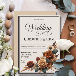 Elegant Wedding Script Rustic Brown Floral Invitation