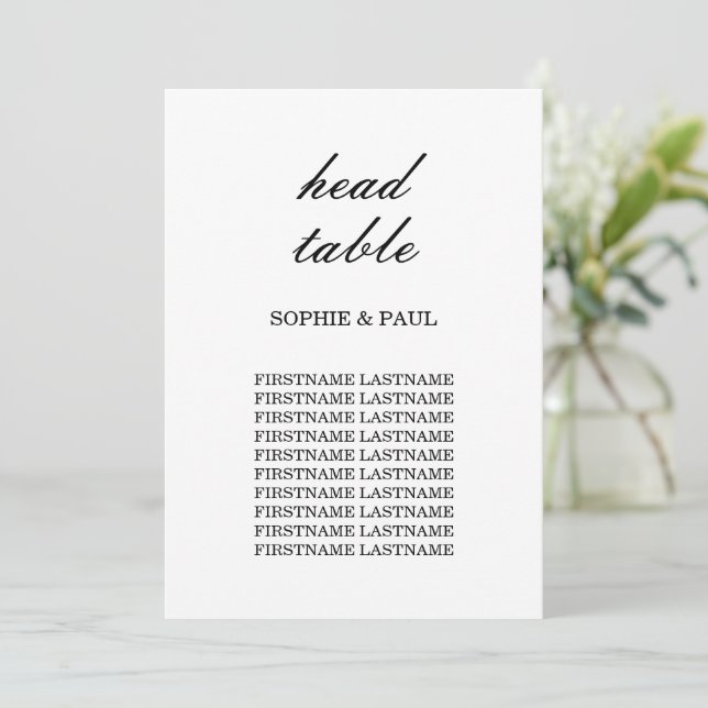 Elegant Wedding Seating Chart Head Table Card (Standing Front)