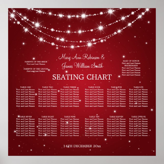 Elegant Wedding Seating Chart Sparkling Chain Red (Front)
