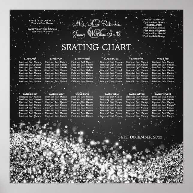 Elegant Wedding Seating Chart Sparkling Wave Black (Front)