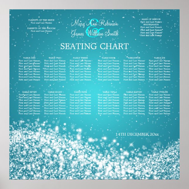 Elegant Wedding Seating Chart Sparkling Wave Blue (Front)