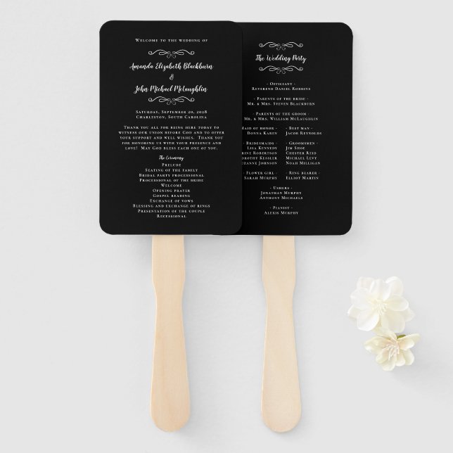 Elegant Wedding Service Ceremony Program Black Hand Fan (Front and Back)