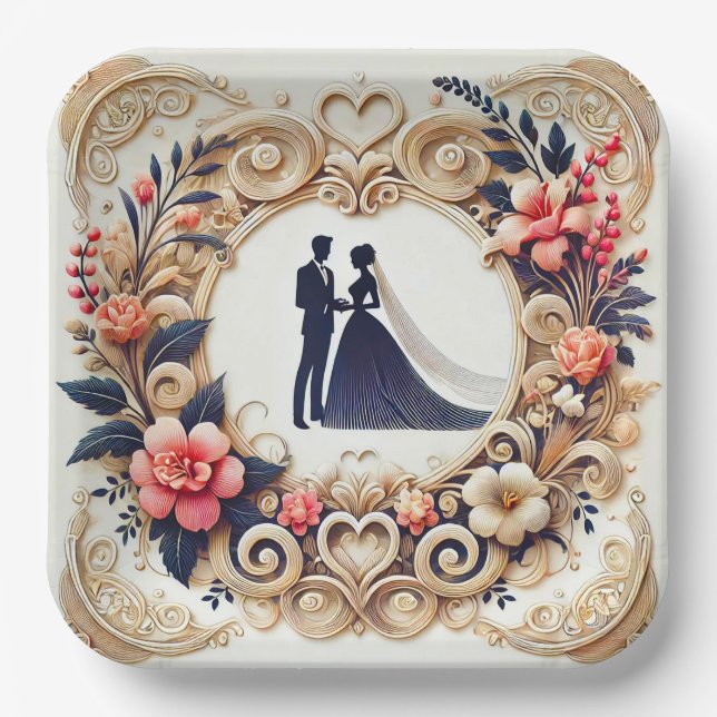 Elegant Wedding Silhouette Framed Paper Plate (Front)
