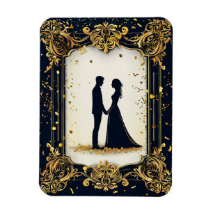 Elegant Wedding Silhouette with Ornate Golden Fram Magnet