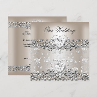 Elegant Wedding Silver Cream Diamond Heart Invitation