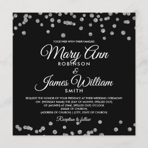 Elegant Wedding Silver Faux Glitter Confetti Black Invitation