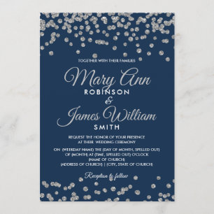 Elegant Wedding Silver Faux Glitter Confetti Navy Invitation