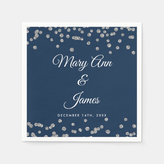 Elegant Wedding Silver Faux Glitter Confetti Navy Napkin (Front)