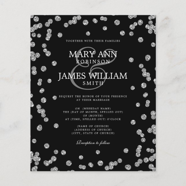 Elegant Wedding Silver Glitter Confetti Black  (Front)