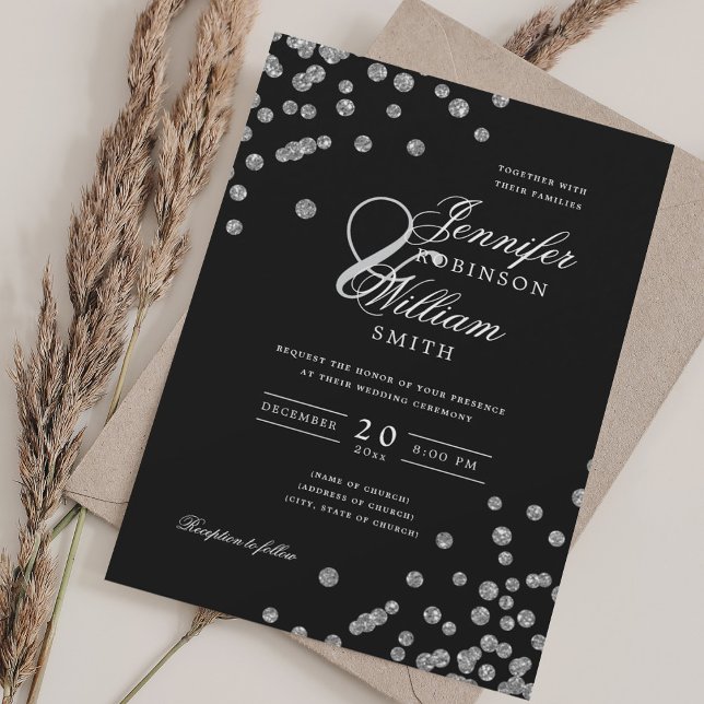 Elegant Wedding Silver Glitter Confetti Black  Invitation (Elegant Wedding Silver Glitter Confetti Black Invitation)