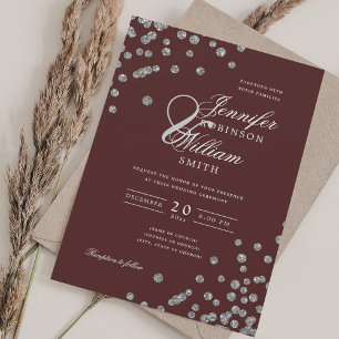Elegant Wedding Silver Glitter Confetti Burgundy Invitation