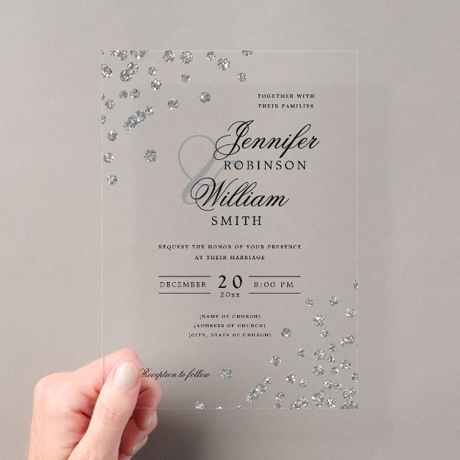 Elegant Wedding Silver Glitter Confetti Themed  Acrylic Invitations (Insitu (Handheld))