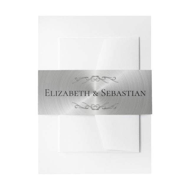 Elegant Wedding Silver Metallic Scrollwork Names Invitation Belly Band (Front Example)