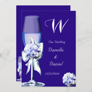 Elegant Wedding Silver Navy Blue Floral Roses Invitation