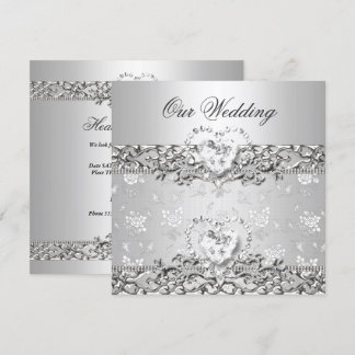 Elegant Wedding Silver White Diamond Heart Invitation