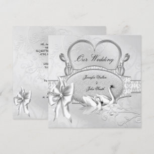 Elegant Wedding Silver White Swans Heart Bow Invitation