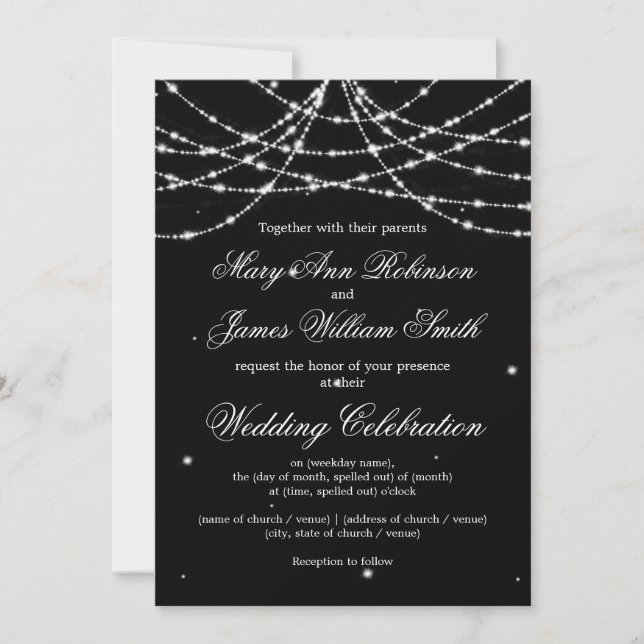 Elegant Wedding Sparkling String Black Invitation (Front)