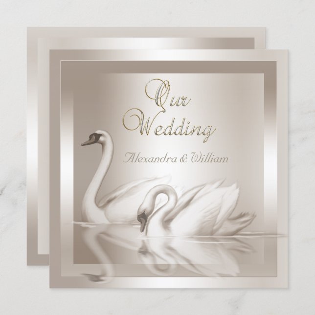 Elegant Wedding Swans Damask Cream White Invitation (Front/Back)