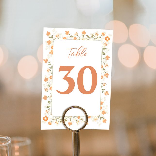 Elegant Wedding Table Number Peach Floral  (With botanical greenery and elegant foliage. )