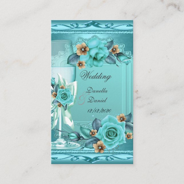 Elegant Wedding Teal Blue Beige Roses Flowers Enclosure Card (Front)