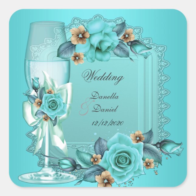 Elegant Wedding Teal Blue Beige Roses Flowers Square Sticker (Front)
