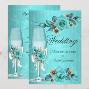 Elegant Wedding Teal Blue Champagne Roses Flowers Invitation
