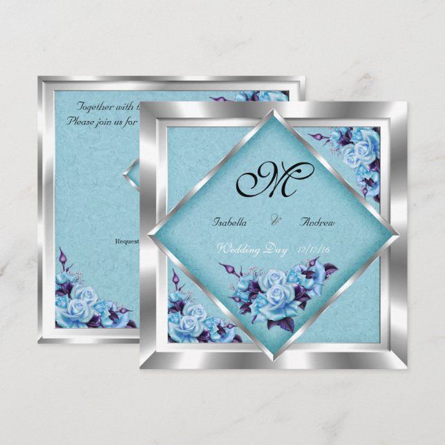Elegant Wedding Teal Purple Roses Silver Bouquet Invitation (Front/Back)