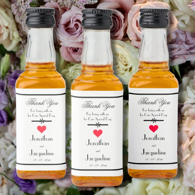 Elegant Wedding Thank You Mini Liquor Bottle Label (“Thank You” Mini Liquor Bottle Label. Modern classic white with fancy black script and red heart.)