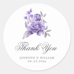 Elegant Wedding Thank You Purple Rustic Floral Classic Round Sticker