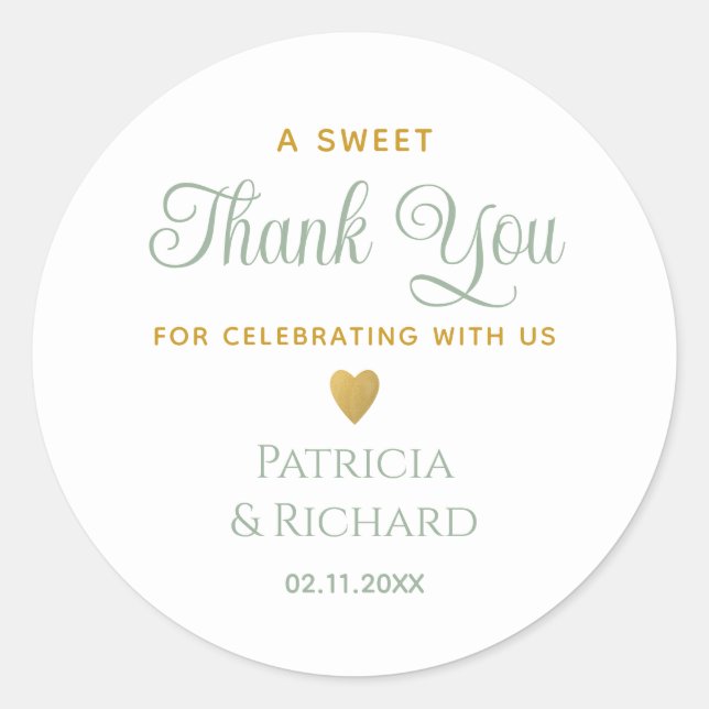Elegant Wedding Thank You Sage Green And Gold Classic Round Sticker (Front)