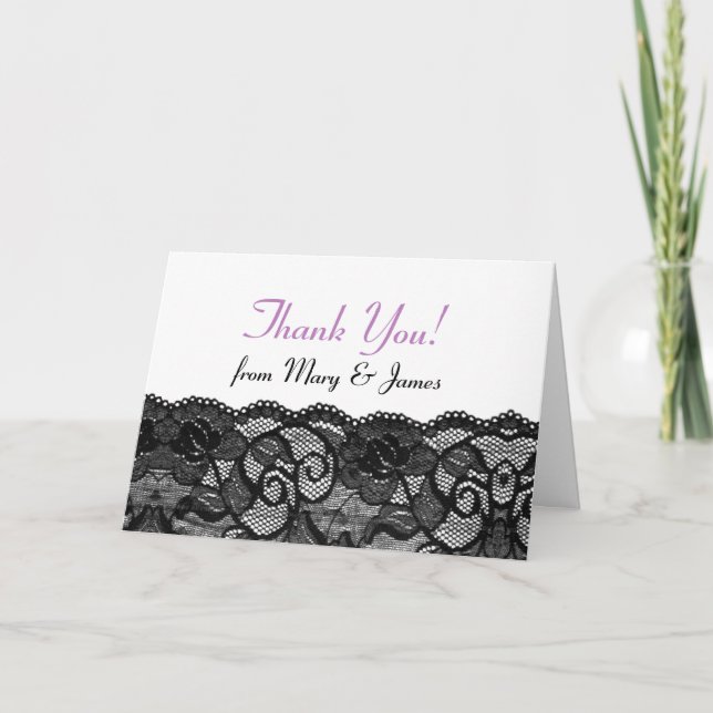 Elegant Wedding Thank You Vintage Black Lace Plum Card (Front)