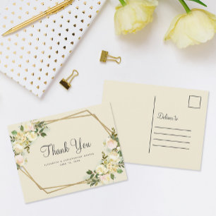 Elegant Wedding Thank You Watercolor Floral Gold  Postcard