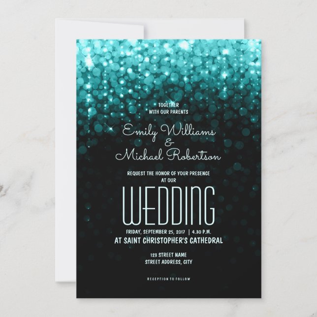 Elegant wedding turquoise lights bokeh background invitation (Front)