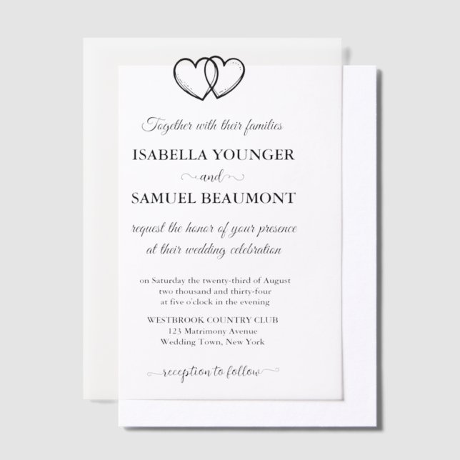 Elegant Wedding Two Hearts Custom Text Overlay Vellum Invitations (Offset)