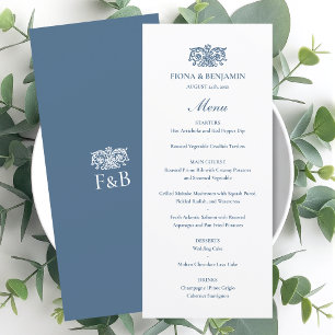 Elegant Wedding Vintage Floral Monogram Blue Menu