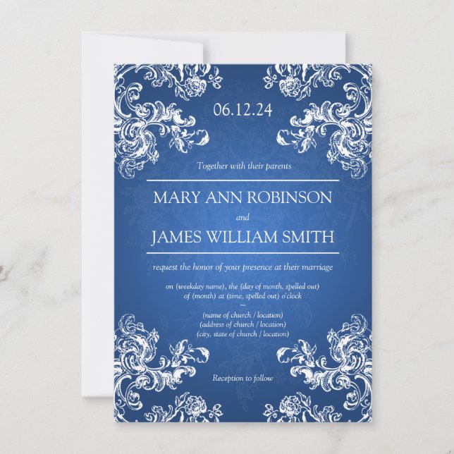 Elegant Wedding Vintage Swirls 2 Sapphire Blue Invitation (Front)