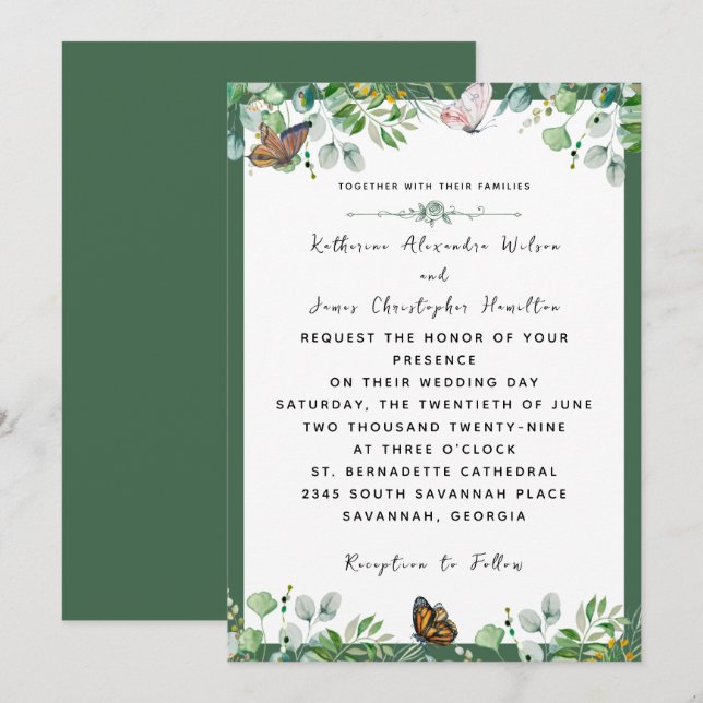 Elegant Wedding Watercolor Floral Butterfly Green Invitation (Front/Back)