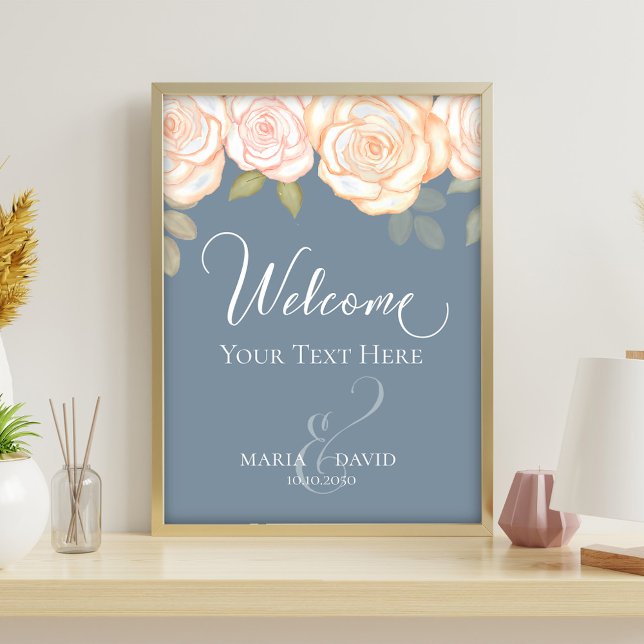 Elegant Wedding Welcome Create Your Own Dusty Blue Flyer (Dusty blue wedding welcome sign with blush roses and romantic script typography.)