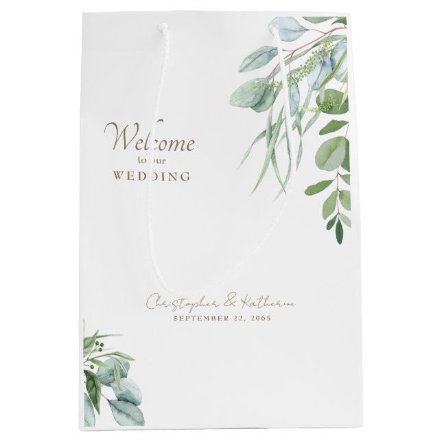 Elegant Wedding Welcome Gift Foliage Gold Text Medium Gift Bag (Front)