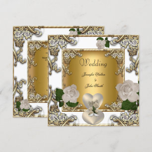 Elegant Wedding White Gold Cream Rose Invitation
