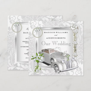 Elegant Wedding White Gold Vintage Car Damask 2 Invitation