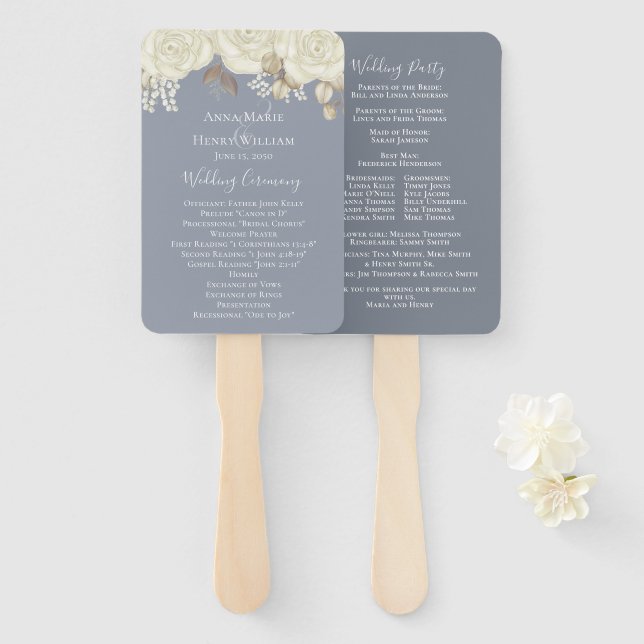 Elegant Wedding White Gold Watercolor Program Hand Fan (Front and Back)