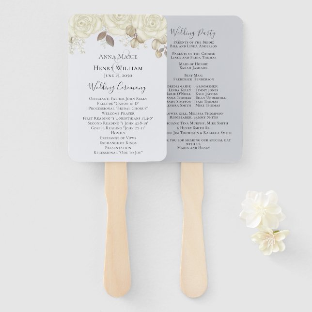 Elegant Wedding White Rose Watercolor Program Hand Fan (Front and Back)